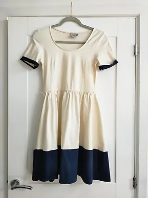 ASOS Sailor Style Elegant A-Line Knee Length Jersey/Cotton Dress Ivory/Navy UK10 • £14.99