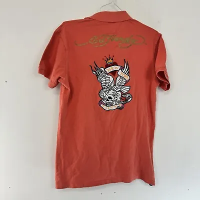 Ed Hardy Embroidered Polo T-Shirt Red Orange Y2K Tattoo New York Cit Collared L • $53.35