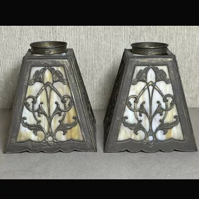 Pair 6 H Antique Arts & Crafts 6 Panel Slag Glass Hanging Lamp / Sconce Shades • $280