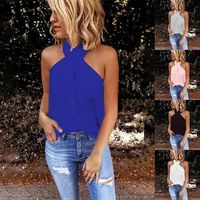 Womens Halter Neck Tank Tops Vest Ladies Sleeveless Casual Plain Summer T-Shirt • £9.19