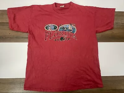 VINTAGE Tultex Florida Sailing Beach Red Size XL T-Shirt 90s Made In USA • $17.99