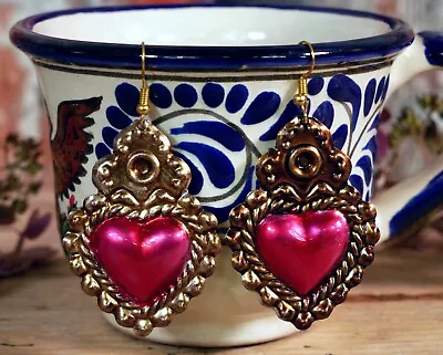 Heart Shape Tin Earrings Bronze & Pink Color Valentine Handmade Mexican Folk Art • $15