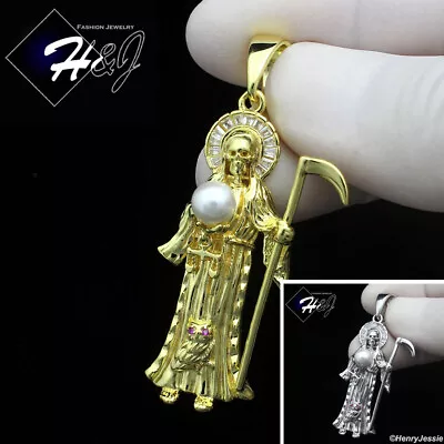 Men 925 Sterling Silver Icy Cz Gold Plated/silver 3d Santa Muerte Pendant*sp441 • $45.99