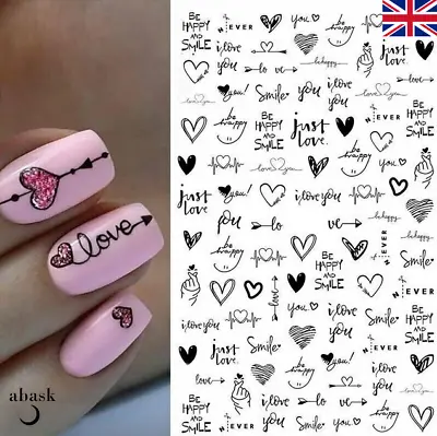 Heart Nail Art Stickers Heart Transfers Valentines Day Black Love Happy Smile • £2.79
