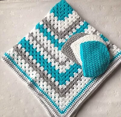 Crochet Baby Blanket Gift Set - Aqua Silver And White - Blanket And Hats • £0.99