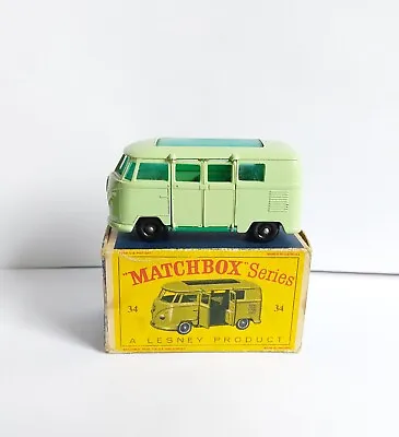 Matchbox Lesney 34 Volkswagen Camper Caravette Fine Black Wheels! & D Box • £160