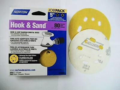 Norton 5  8 Hole Hook & Loop Sanding Discs 80 Grit #04062 25 Pack • $14.99