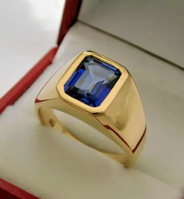 3Ct Emerald Cut Natural Sapphire Mens Engagement Ring Solid 14k Yellow Gold • $1499.99