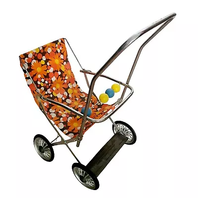 Old Pram Toy Doll Folding Metal And Fabric Floral Orange Vintage • $88.44