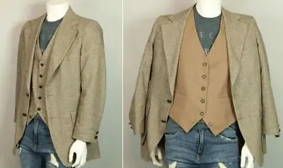 Vtg Mens Herringbone Wool Tailored Suit Sport Blazer Jacket & Reversible Vest 42 • $55