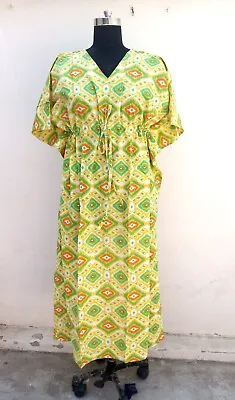 $41.83 • Buy Indian Light Green Cotton Check Kaftan Womens Clothing Handmade Kaftan Maxi Gown