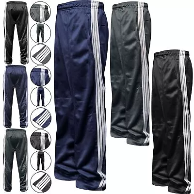 Mens Silky Plain Bottoms Open Hem Jogging Casual Sports Gym Wear Stripe Trouser • £10.99