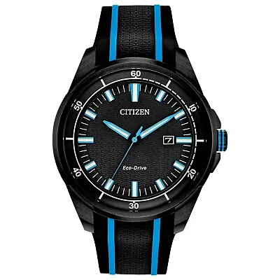 Citizen Eco-Drive Men's Calendar Black Blue Sport Silicone Watch 45MM AW1605-09E • $93.99