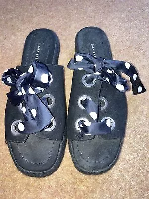 £7.45 • Buy Zara Basic Black Polka Dot Lace Up Platform Sliders Sandals, Size UK 6 EU 38