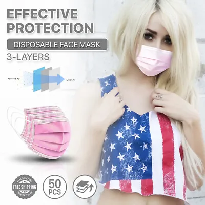 [Pink] 50pc Disposable Face Masks 3-Ply Non Medical Surgical Earloop Mouth Cover • $5.99