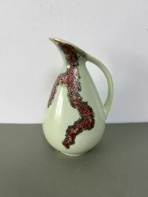 Vintage Mid Century Jasba Keramic Ewer Vase Red ‘Lava’ On Pale Celadon Green • £14.99