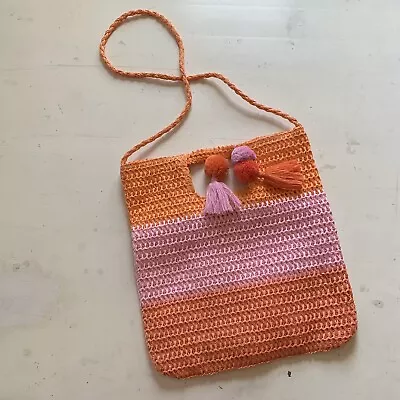 Mud Pie Straw Bag Beach Tote Pink Orange Pom Tassel Pool Cruise Shoulder Strap • $14.39