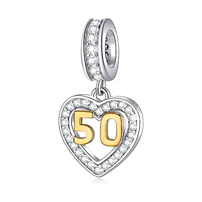Golden 50th Birthday Number Charm For European Bracelets S925 Sterling Silver • £8.99