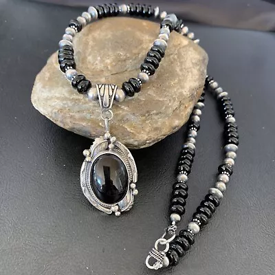 Mens Black Onyx Pendant Navajo Pearl Sterling Silver Necklace 10805 • $239.87