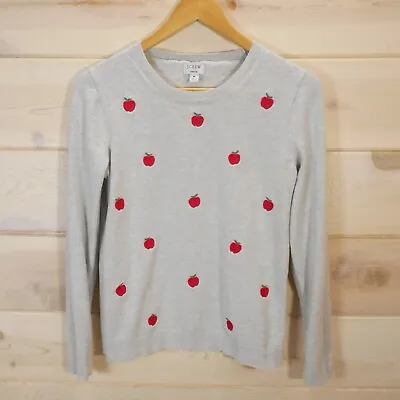 J Crew Teddie Sweater Women's Size M 100% Cotton Embroidered Apples Light Gray • $19.99