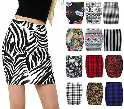 Ladies Printed Mini Skirt Stretch Elasticated Short Mini Skirt Plus Size 8-26 • £4.04