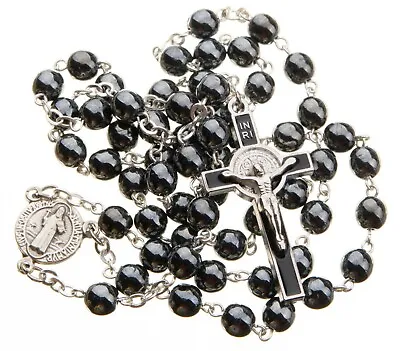 St Benedict Rosary Black Round Glass 7mm Beads 18  Rosario San Benito Men Women • $12.50