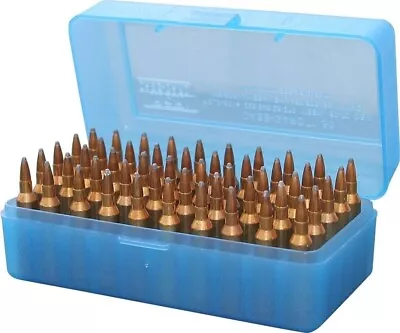 NEW MTM 50 Round Flip-Top .22-250 To 7.62 X 39 Rifle Ammo Box - Clear Blue • $7.49