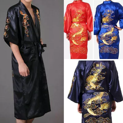 Men's Silk/Satin Dressing Gown Nightwear Japanese Chinese Kimono Dressing Robe • £5.99