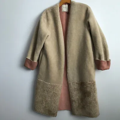 Zara XS Coat Teddy Tan Borg Faux-fur Long Sleeve Micro Suede Pink Pop Cuff Open • $15.48