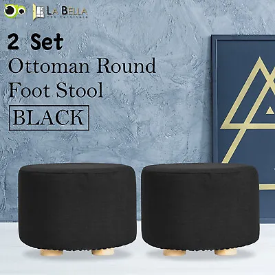 2X Fabric Ottoman Round Foot Stool Rest Pouffe Wooden Leg Padded Seat - BLACK • $64.90