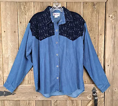 Vtg Sassa Shirt Womens Large Blue Long Sleeve Velvet Embroidered Eyelet Western • £12.48