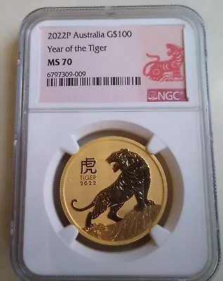 2022 AUSTRALIA 1 Oz. $100 GOLD LUNAR YEAR OF THE TIGER NGC MS70 - PERTH MINT • $3275