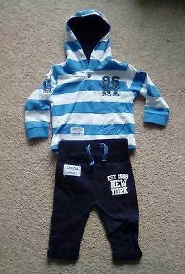 BABY Long Sleeve Blue Hooded T Shirt And Trousers 2 Piece Set - Size 3-6 Months • £9.95