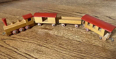 Vintage 4 Piece WOODEN TRAIN SET Red Engine 2 Cars Caboose Metal Hook Connectors • $9.99