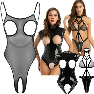 Sexy Women's Sheer Mesh Crotchless Bodysuit Catsuit Sleeveless Leotard Tops Club • £5.63