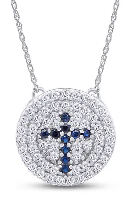 Natural Diamond & Simulated Blue Sapphire 14k White Gold Cross Disc Pendant 18  • $1051.99