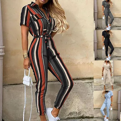 Women's Button V Neck Jumpsuit Summer Trousers One Piece Playsuit Romper Pants • £14.49