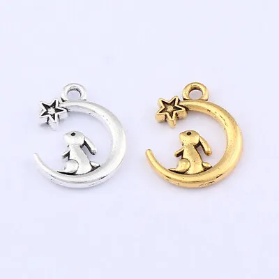 30 X Silver/Gold Tone Rabbit On Crescent Moon Charms Pendants Beads 2 Sided • $4.67