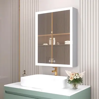 LED Bathroom Mirror Medicine Right Hinge Cabinet W/ Digital Clock & Temp Display • £399.91