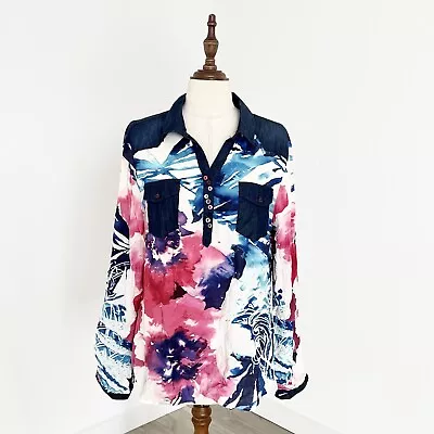 Desigual Womens Sheer Floral Denim 3/4 Collar Long Sleeve Relaxed Shirt Size XL • $39.95