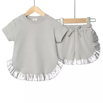 Girls Summer 2pcs Set Cotton Short Sleeve Lace T Shirt Shorts Age  2-7 Years New • £15.98