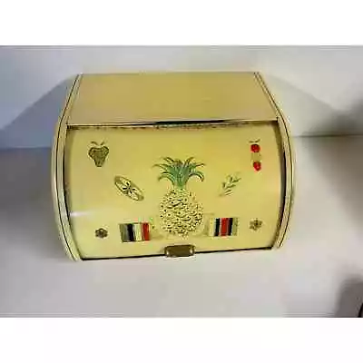 Vintage Metal Yellow Bread Box With Roll Door Fruit Motif • $45