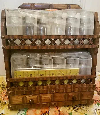 NIB Vintage Spice Wood Rack 12 Glass Jars Labels 2 Drawers Hand Crafted 2 Hooks • $67.49