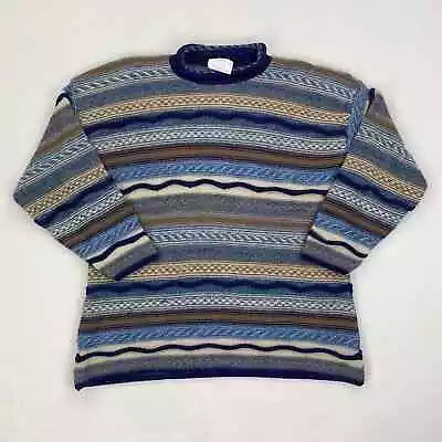 Vintage Funky Sweater Size Large Blue Cream Rollneck Pullover Acrylic USA 90s • $27.95