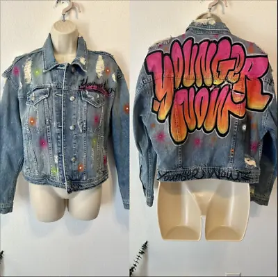 Miley Cyrus Younger Now Custom Denim Jacket Sz M Spray Paint Crystals Rare Merch • $59.50