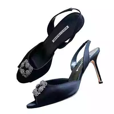 Manolo Blahnik Hangisi Crystal Black Satin Slingback Open Toe Pumps 39 • $549