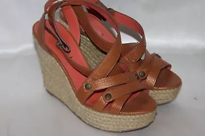 VIA SPIGA Luggage Tan Embossed Leather Open Toe Rope Jute Wedge Sz 8.5 • $27.96