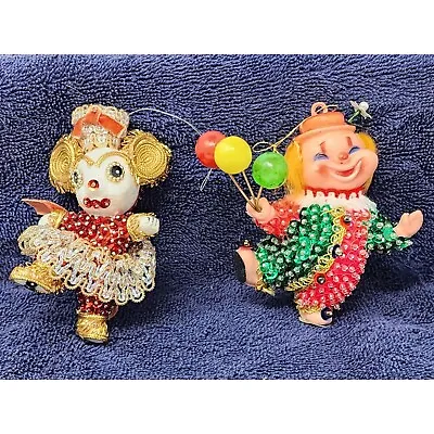2 Unique Vintage Christmas Ornaments Bead & Sequin Push Pin Clown And Mouse • $22.56