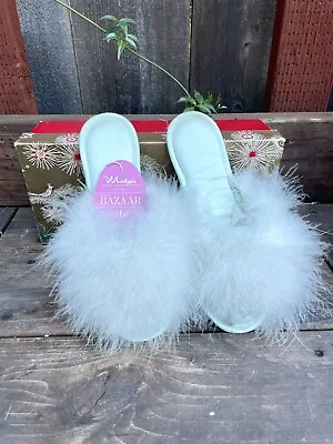 VTG 1960s Madyes Marabou Feather  Slip-On Slippers Powder Blue~Medium 6.5-7.5 • $28