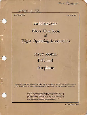 F4U-4  Preliminary Pilot's Handbook World War II Book Flight Manual (CD Version) • $29.49